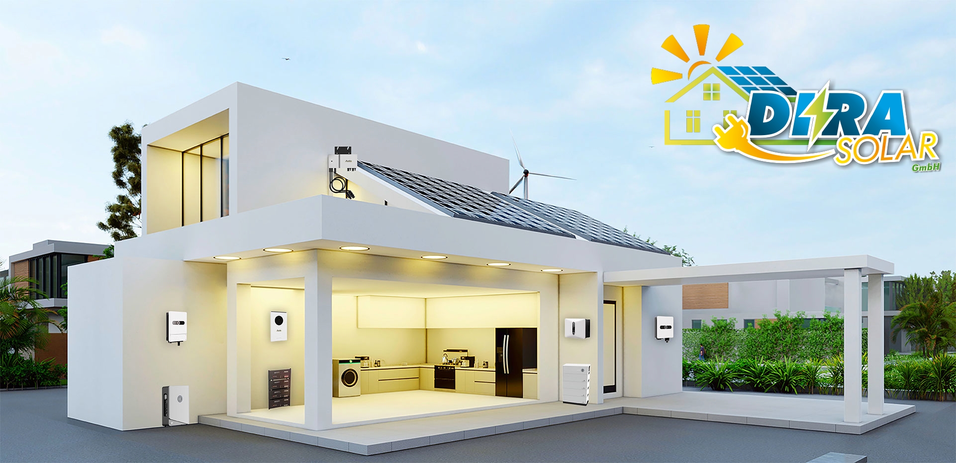 Ein Haus mit Solaranlage mit Speicher, Wallbox für E-Autos und Wärmepumpe.